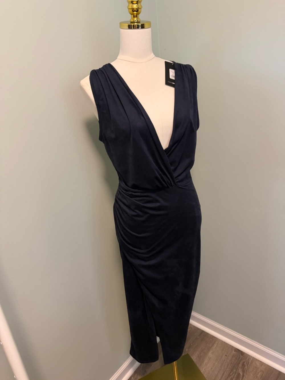 Fashion Nova In Nature Navy Faux Suede Bodycon Midi Dress V-Neck Slit L - Picture 2 of 3